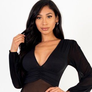 Mesh Long Sleeve Deep V-Neck Bodysuit L